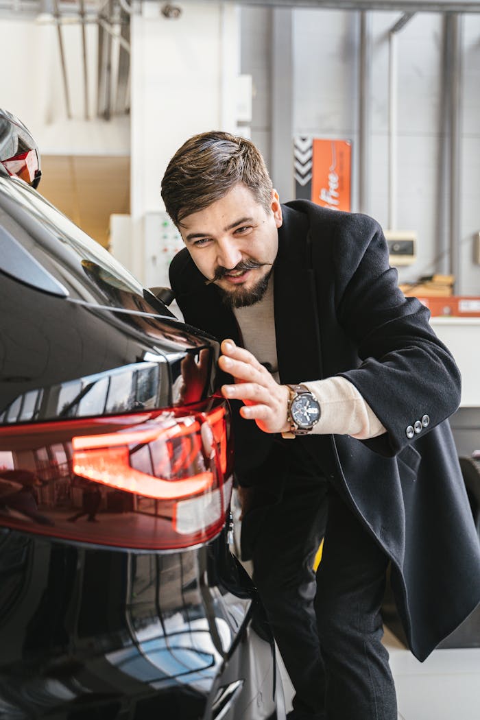 Man in business attire examining a car in an indoor setting, suggesting car maintenance or purchase.